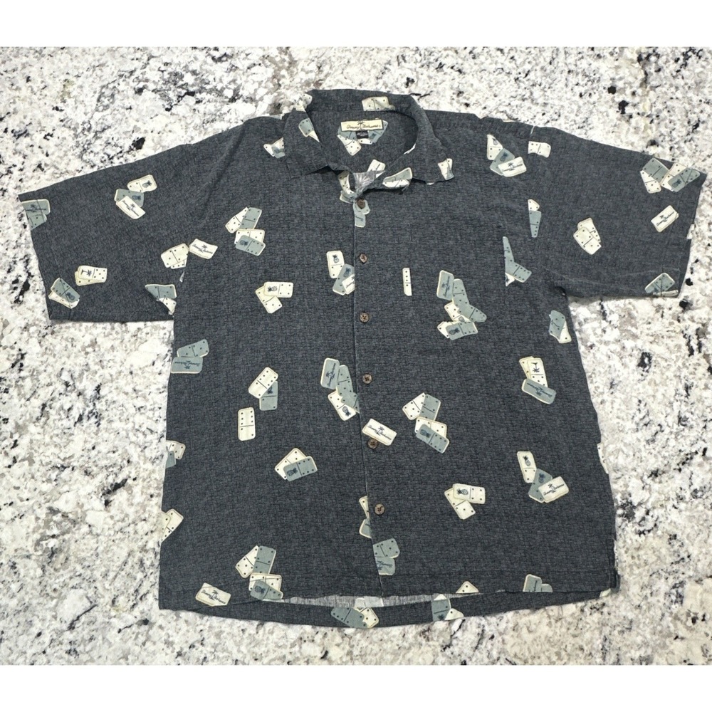 Vintage Tommy Bahama Mens Gray 100% Silk Dominos SS Button Down Shirt Large Y2K
